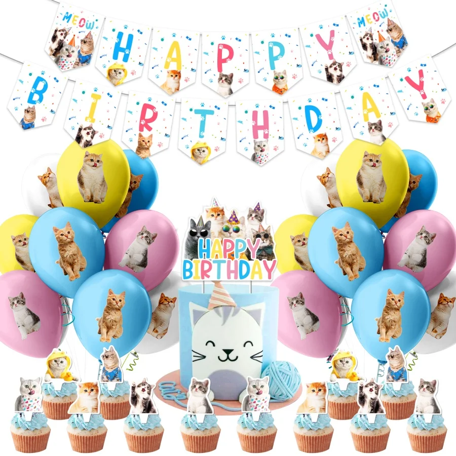 36pcs cat themed party set, birthday flag raising+card insertion+balloons, used for decorating birthday party themed scenes, etc