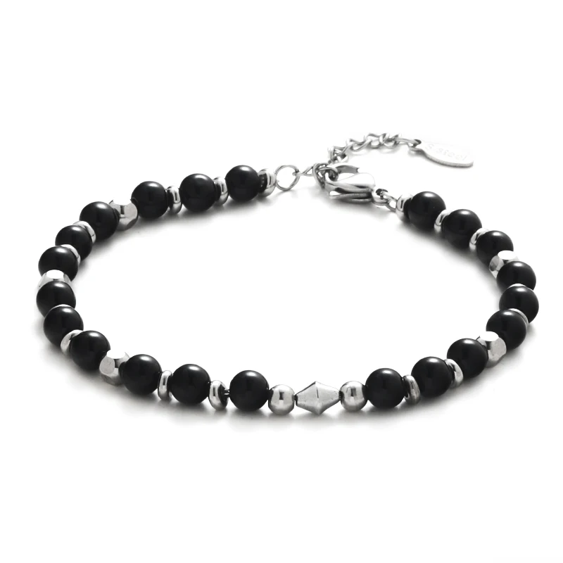 Elio Obsidian Natural Stone Amber Beaded Bracelet Handmade Stainless Steel Bracelet For Men