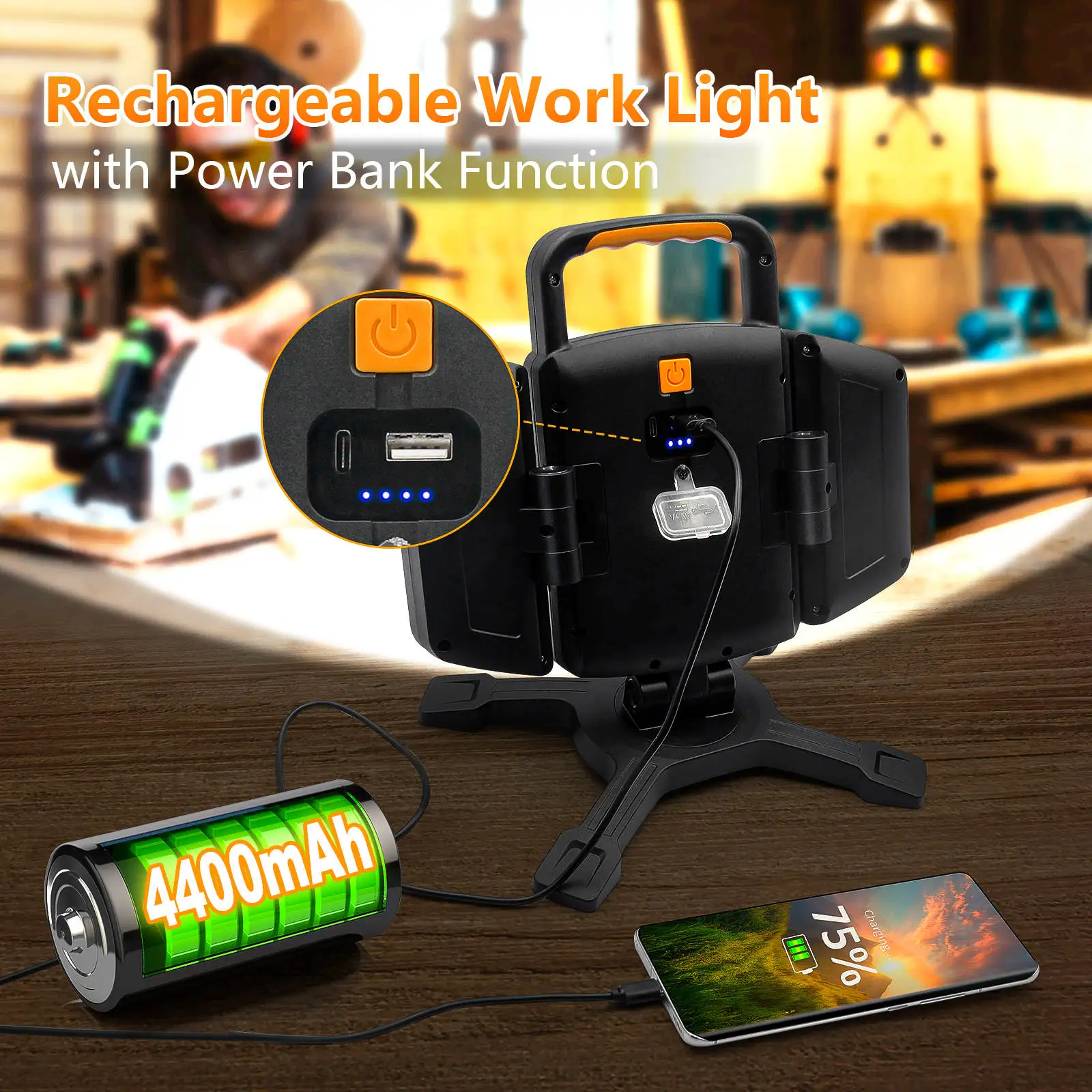 30W Rechargeable Work Light 3000 Lumen Magnetic Work Light Battery Powered Portable Workshop Garage Camping Car Repairing