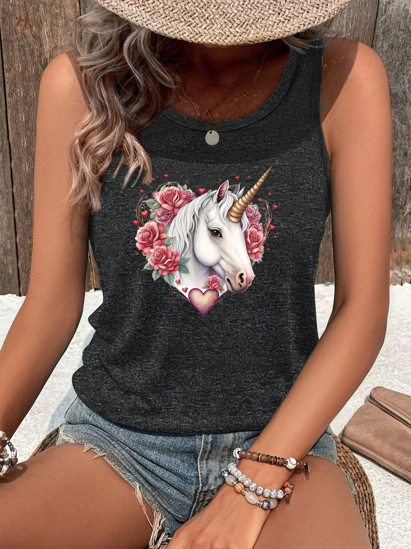 Cute Unicorn Horse Summer Fashion Sports Women's Tank Top Loose O Neck Sleeveless Casual Tank Top