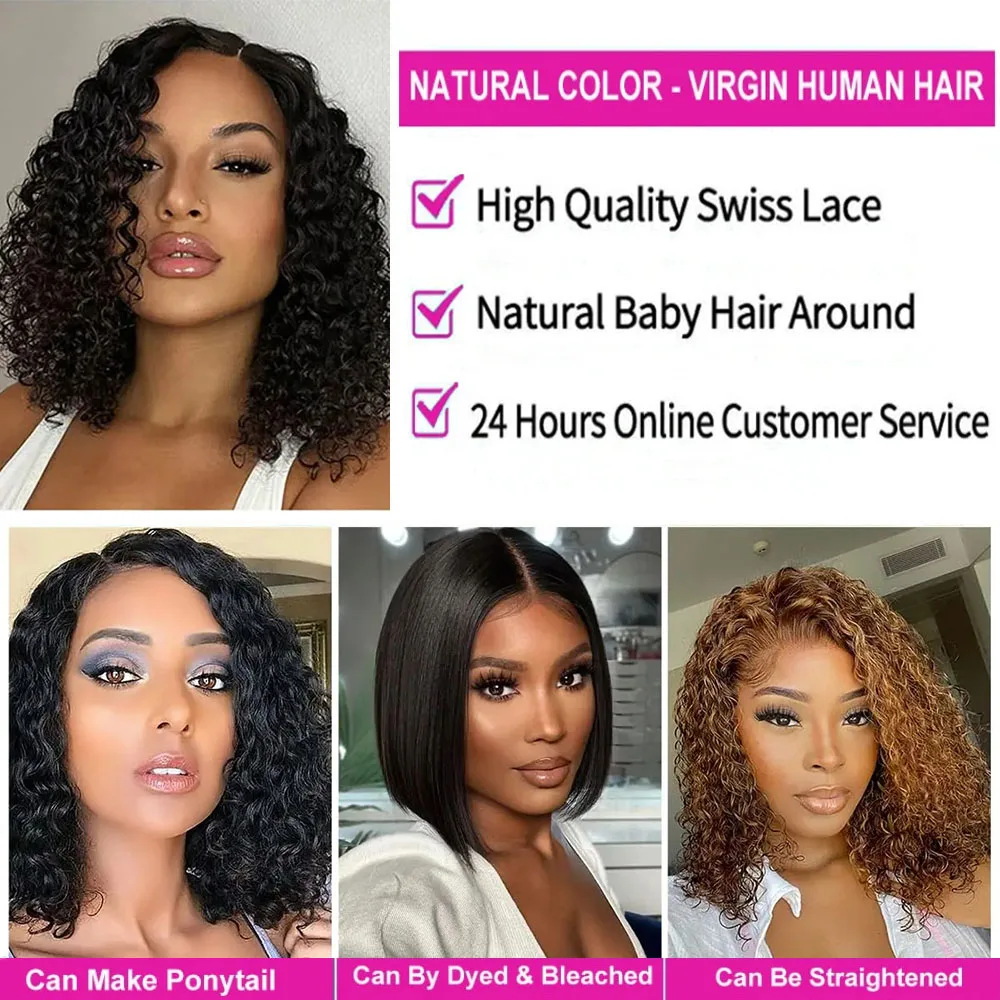 Water Wave Lace Wigs 180 Density Transparent 4x4 Closure Lace Wigs For Women Deep Curly Bob Wig Side Part T Part Human Hair Wigs