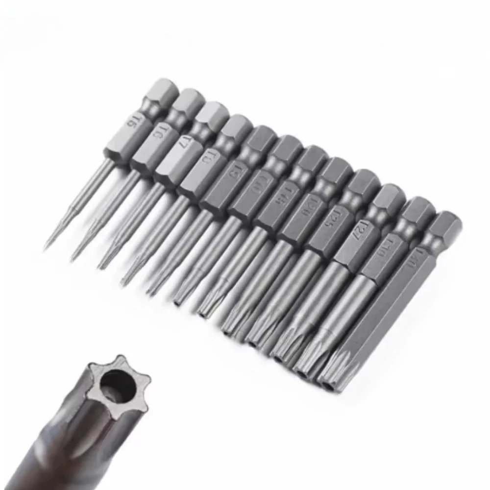 50mm Security Tamper Proof Magnetic Screwdriver Set Hexagonal Torx Flat Head 1/4" Hand Tool medium hole six-star screwdriver bit
