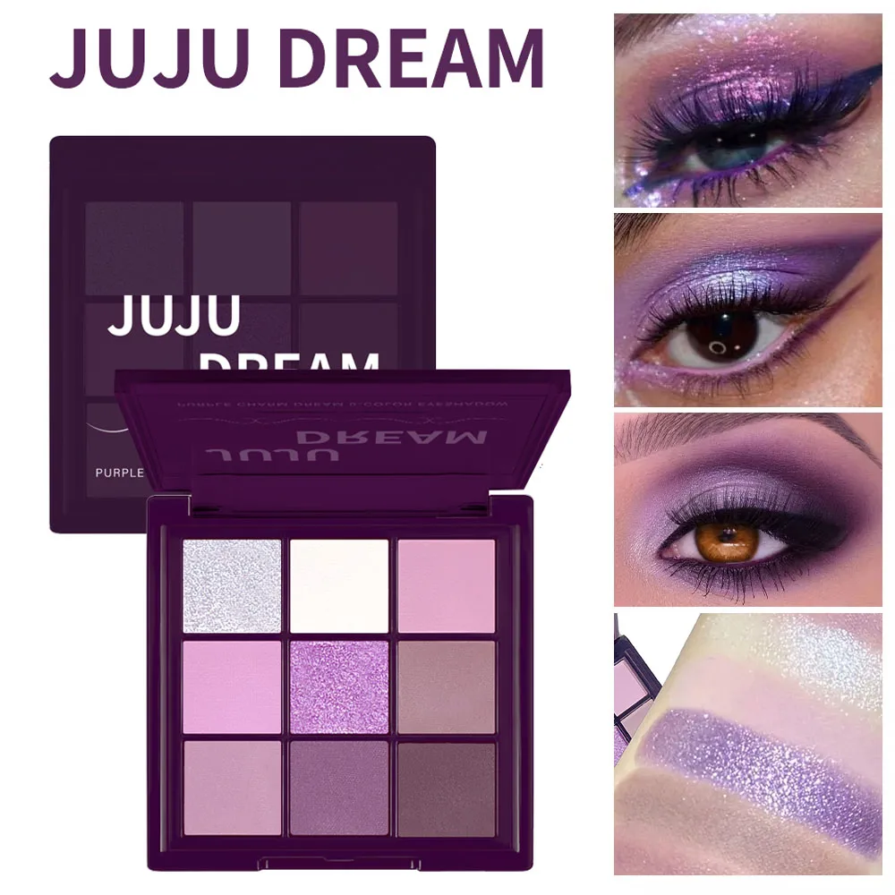 Paleta de Sombras de Ojos de 9 Colores, Morado Sueño, Baja Saturación, Estilo Ahumado, Multiusos, Resistente al Agua y al Sudor, para un Maquillaje de Ojos Ahumado de Larga Duración