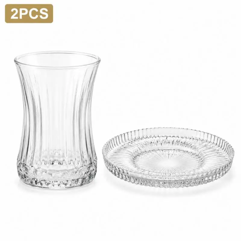 2-Piece Vintage Vertical Striped Glass Cup & Saucer Set, 190ml Clear Drinking Glasses, Ideal for Tea & Coffee, Home & Party Use