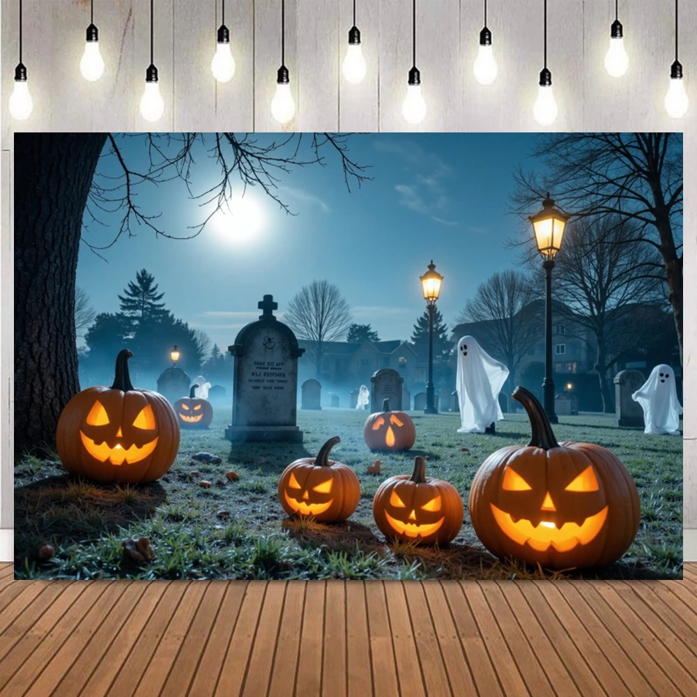 

Милый фон для фотосъемки на Хэллоуин, призрак, тыква, кладбище, большая луна, украшение для детей и взрослых, баннер для дня рождения, фон