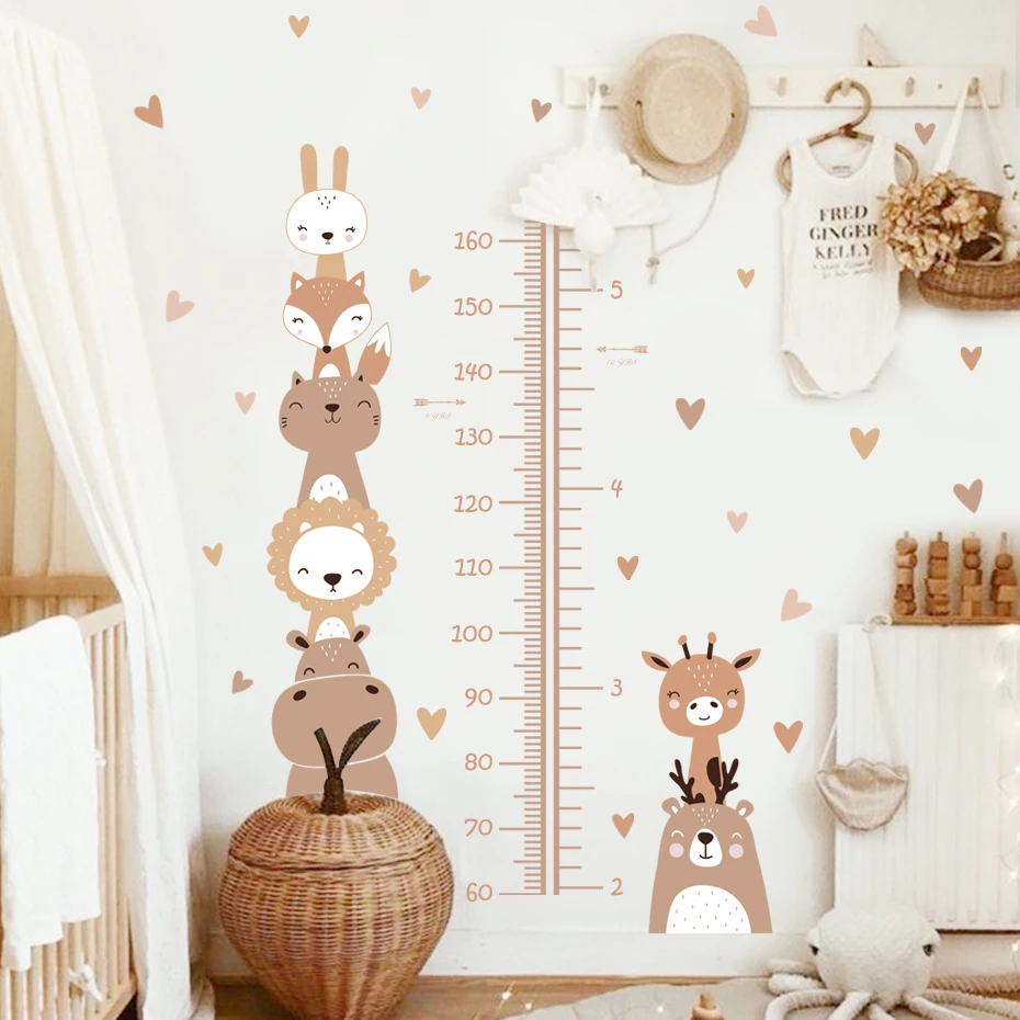 Regla de Medición de Altura para Bebés con Diseño Boho de León Sonriente, Animales y Corazones, Vinilos Decorativos para Cuarto Infantil, Decoración