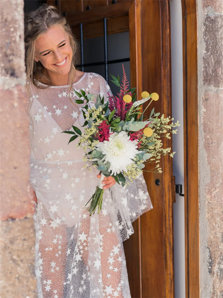 Zweiteilige Anzug Boho Star Spitze Braut Robe für Hochzeit sexy Flare Ärmel Braut dusche Kleid Frauen Nacht Gwon 2024 ودين