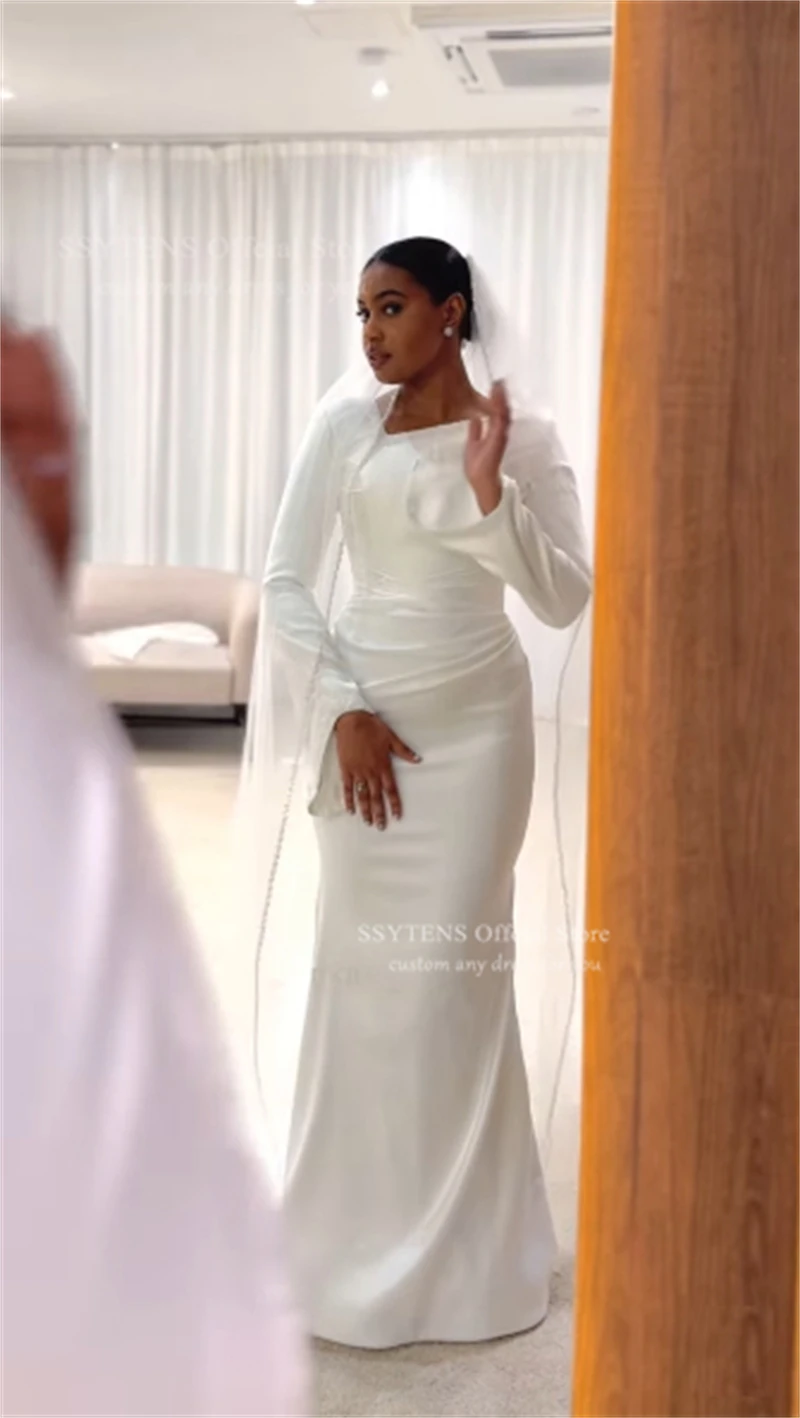 SSYTENS Vestido de Novia Árabe con Cuentas y Perlas, Modesto, Personalizado, de Satén Blanco Marfil, Mangas Largas, Vestido de Novia Musulmán, Robe De Mariée