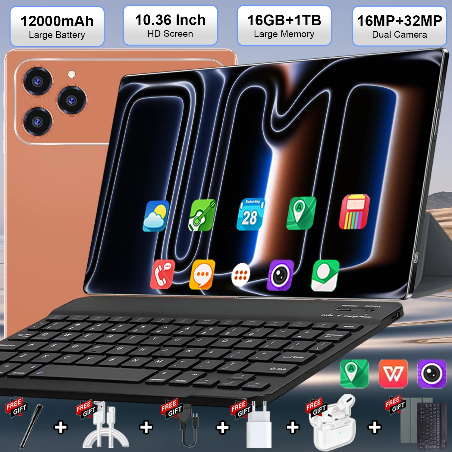 Tablette 4K IPS 10,36 pouces polyvalente pour usage quotidien 2026, CPU intelligent à 10 cœurs, puce de contrôle Snapdragon 8 Gen2 mature, firmware Android 13 débloqué mondial, stockage super large 16