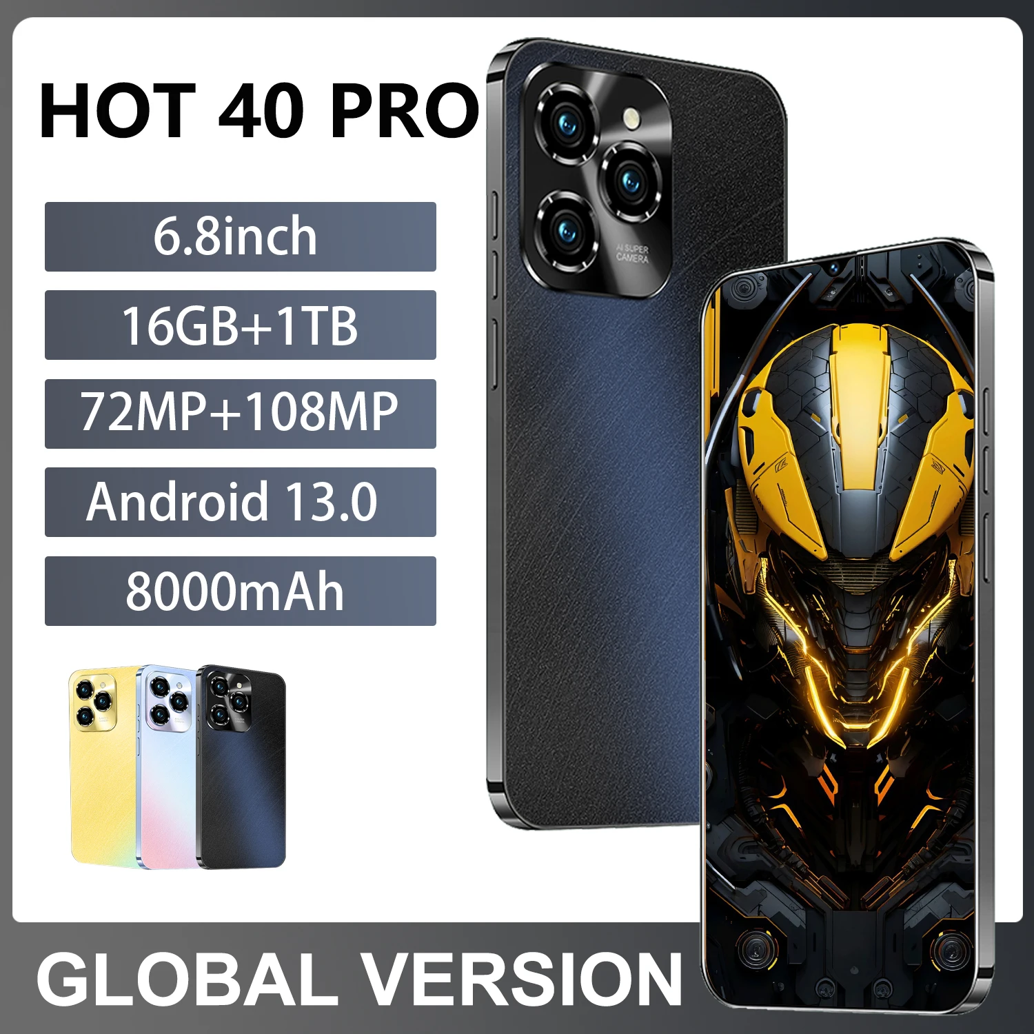 

Global Version MobilePhones Hot 40 Pro Original Cell phone 6.8 inch 16GB+1TB 108MP 8000mAh 4G/5G Dual SIM Smartphone Android 14