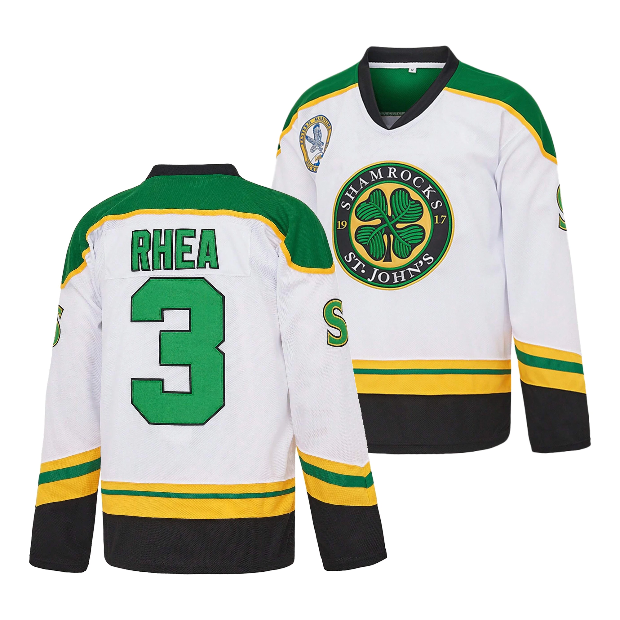 Unisex #3 Ross The BOSS Rhea's Shamrocks Stitched White Hockey Jersey With EMHL Patch，Sports Casual Hockey Uniform Holiday Gift