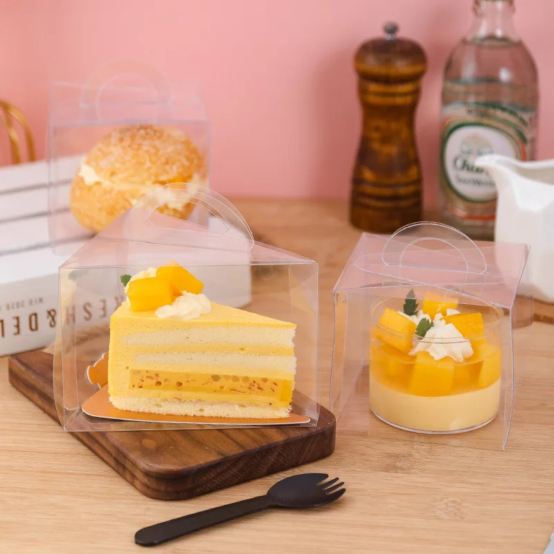 50 Packungen transparente geschnittene Kuchenbox, durchsichtige PVC-Mousse-Kuchenbox, Cupcake-Box mit Griff für Hochzeit, Geburtstag, Mitbringsel