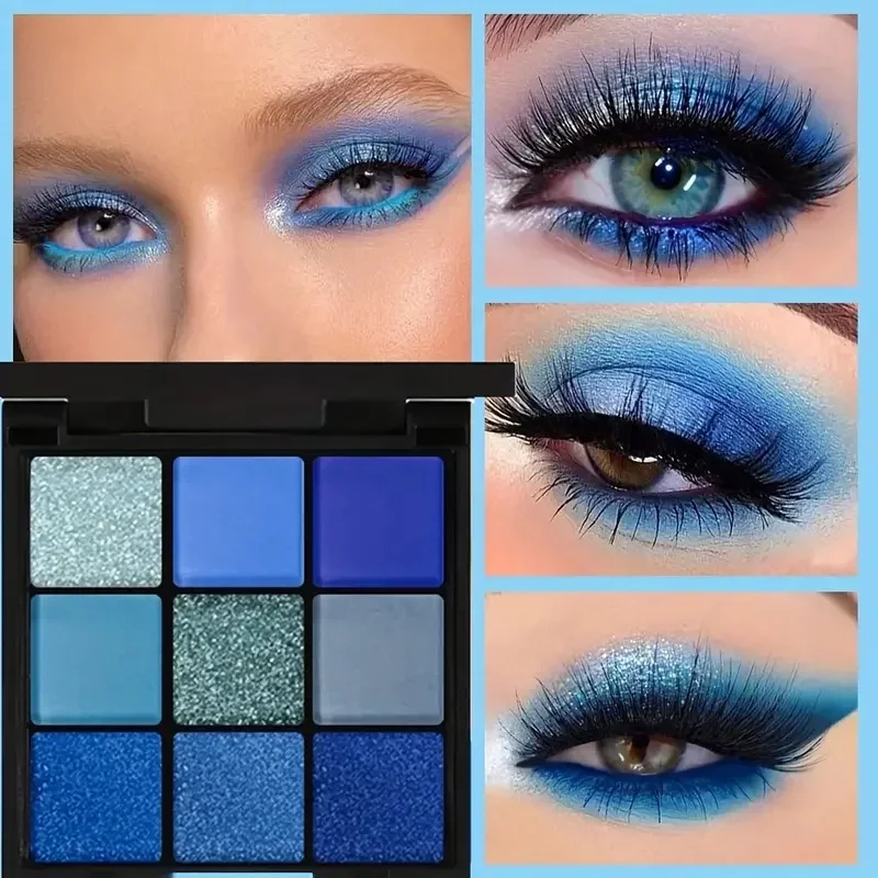 9-Farben-Lidschatten-Palette, blau, wasserdicht, schweißfest, blau, matt, Perlen-Glitzer-Finish, Performance, Bühnen-Make-up, Musikfestival