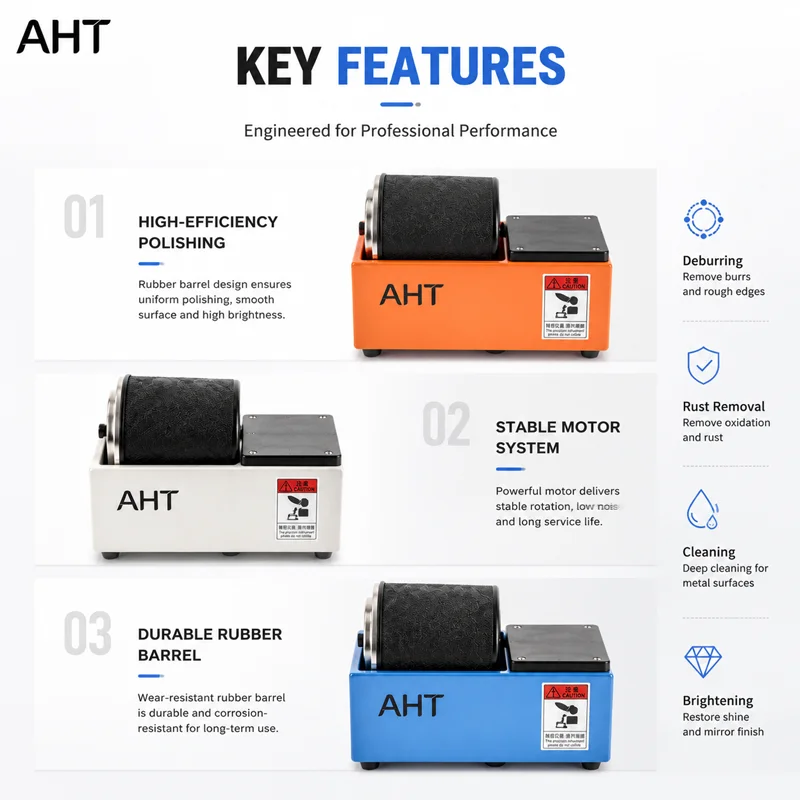 AHT 3L Mini Barrel Polishing Machine 120W Rotary Tumbler Professional Jewelry Polisher For Deburring Rust Removal Metal Cleaner