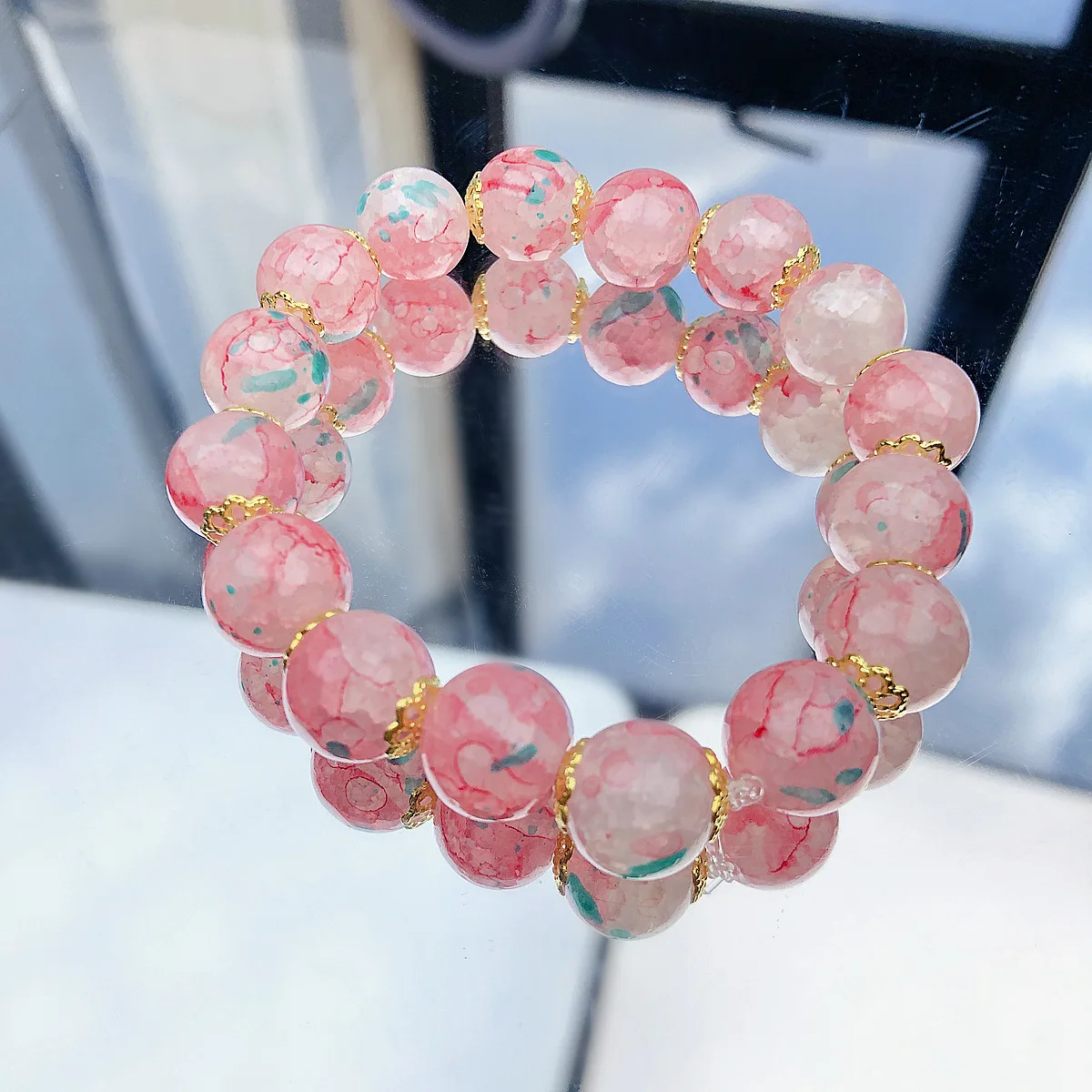 b09 Classical Fashion Sweet Exquisite Cherry Blossom Gradient Glazed Ice Cracking Glass Bracelet Natural Colors Beaded Bracelet