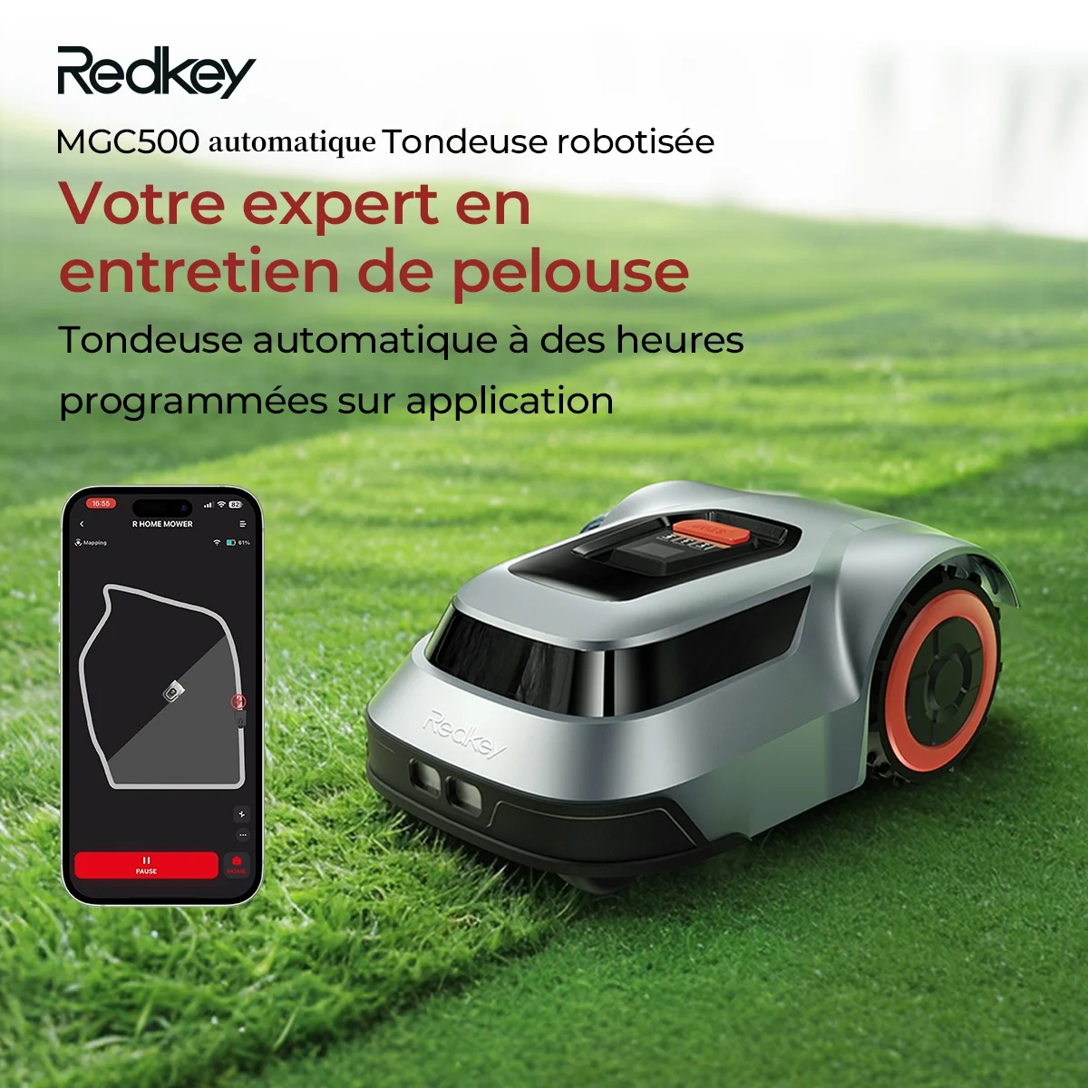 Redkey MGC500 Robot tondeuse à gazon automatique 0.12 Acre 45% pente 70 minutes Recharge automatique détection de point d'arrêt technologie C-TOF