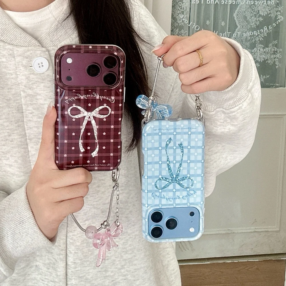 New Korean Ins Plaid Star Bow Phone Case for iPhone 18 Pro 17 Max 15 16 17 18 Pro Max 16 Pro with Charm Fashion Shockproof Cover