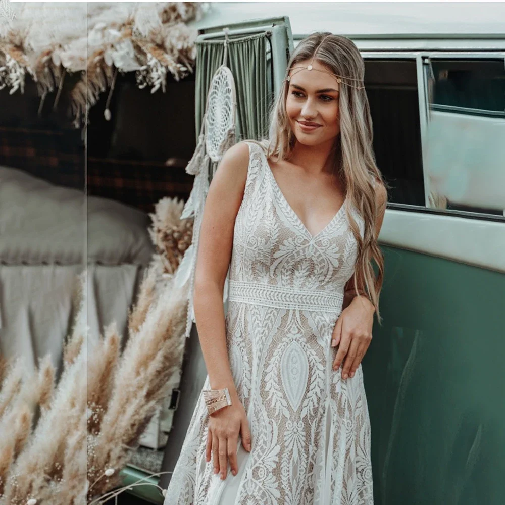 Lakshmigown Spitzen-Chiffon Boho A-Linien-Hochzeitskleid Hippie-Spitze V-Ausschnitt Ärmellos Rückenfreies Strand-Elopement-Brautkleid Maßanfertigung – Detail 11