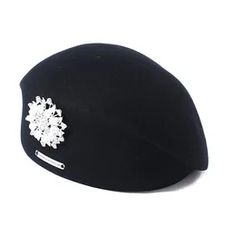 New French Style Beret Cap Black Beret Winter Hat for Women Casual Wool Hats Crystal Flower Brooch lady stewardess hat female