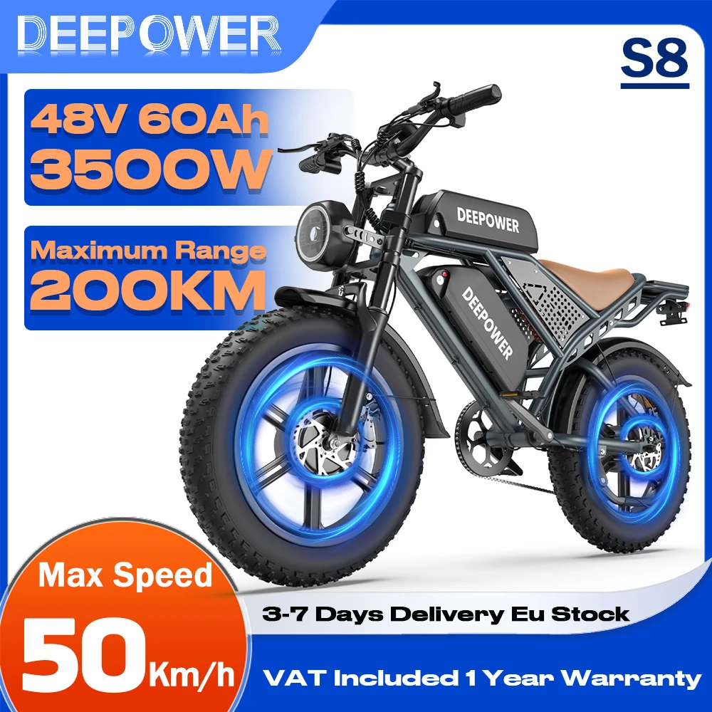 Vélo électrique DEEPOWER QS7 1500W, batterie double 48V60Ah, pneus larges de 20 pouces, vélo électrique de montagne, vélo électrique pour la neige, pour adultes, hommes, femmes