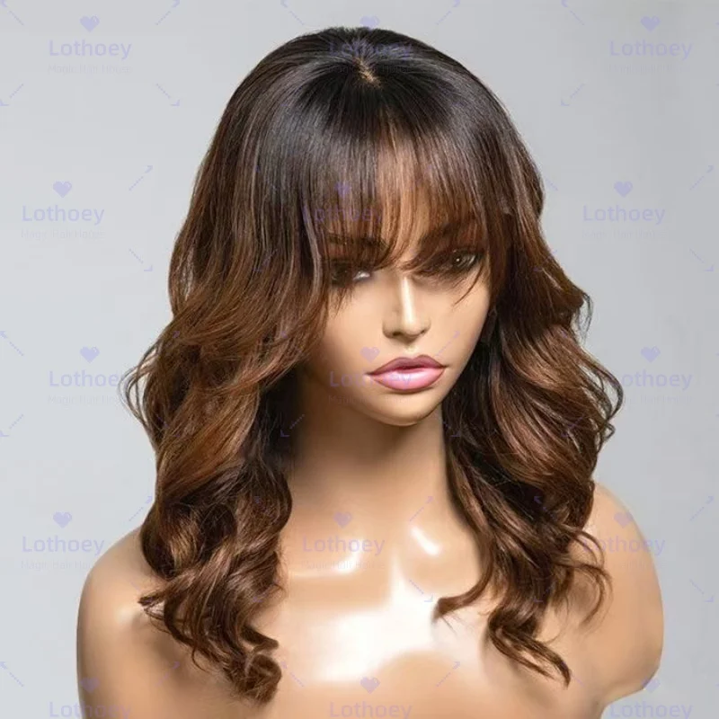 Curtain Bangs Glueless Wigs Layered Cut Wavy Brown Ombre Colored Wig  Bleached Knots Natural Hairline lace front wig human hair