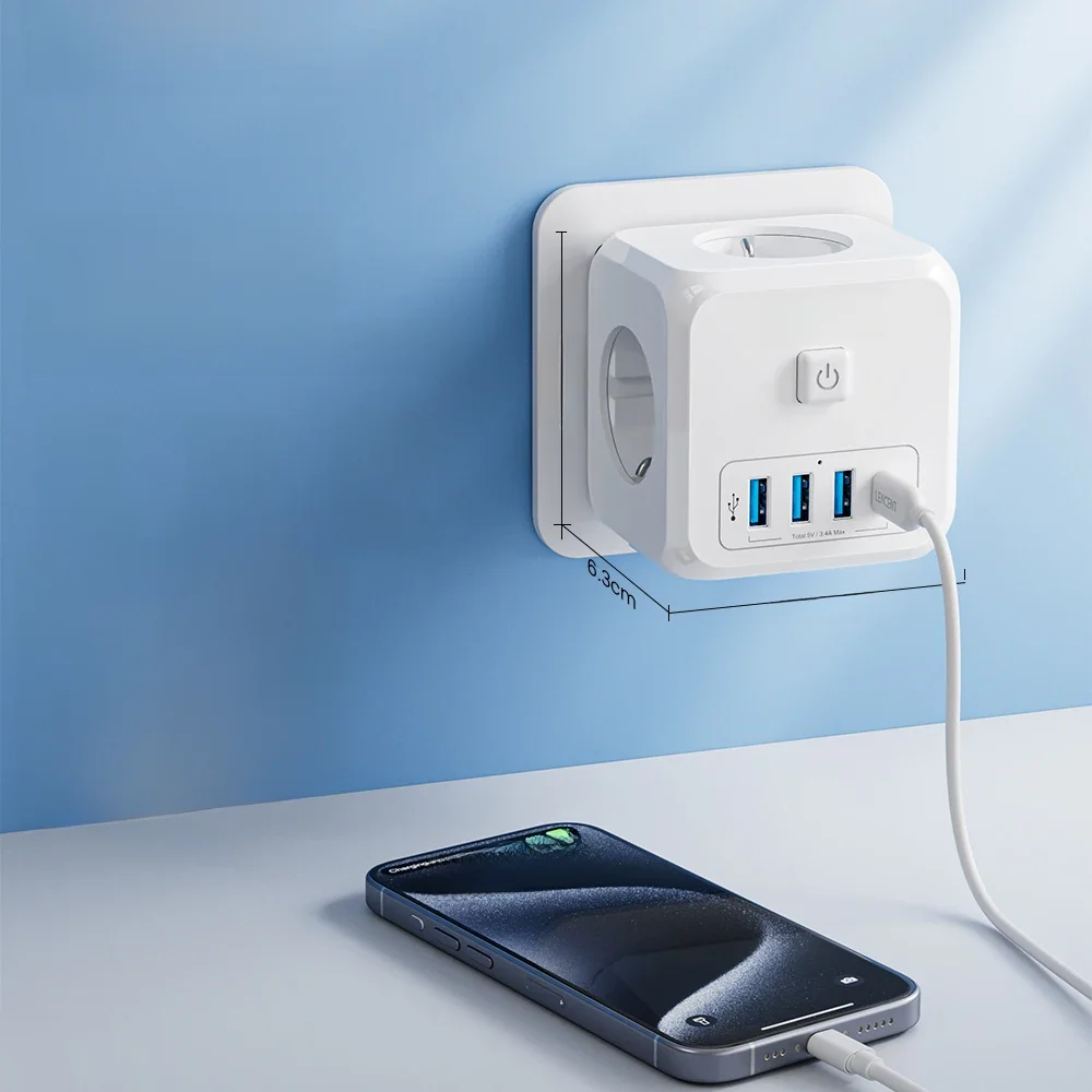 LENCENT Extensor de Tomada de Parede com 3 Tomadas AC 3 Portas USB E 1 Tipo C 7-em 1 EU Plug Charger