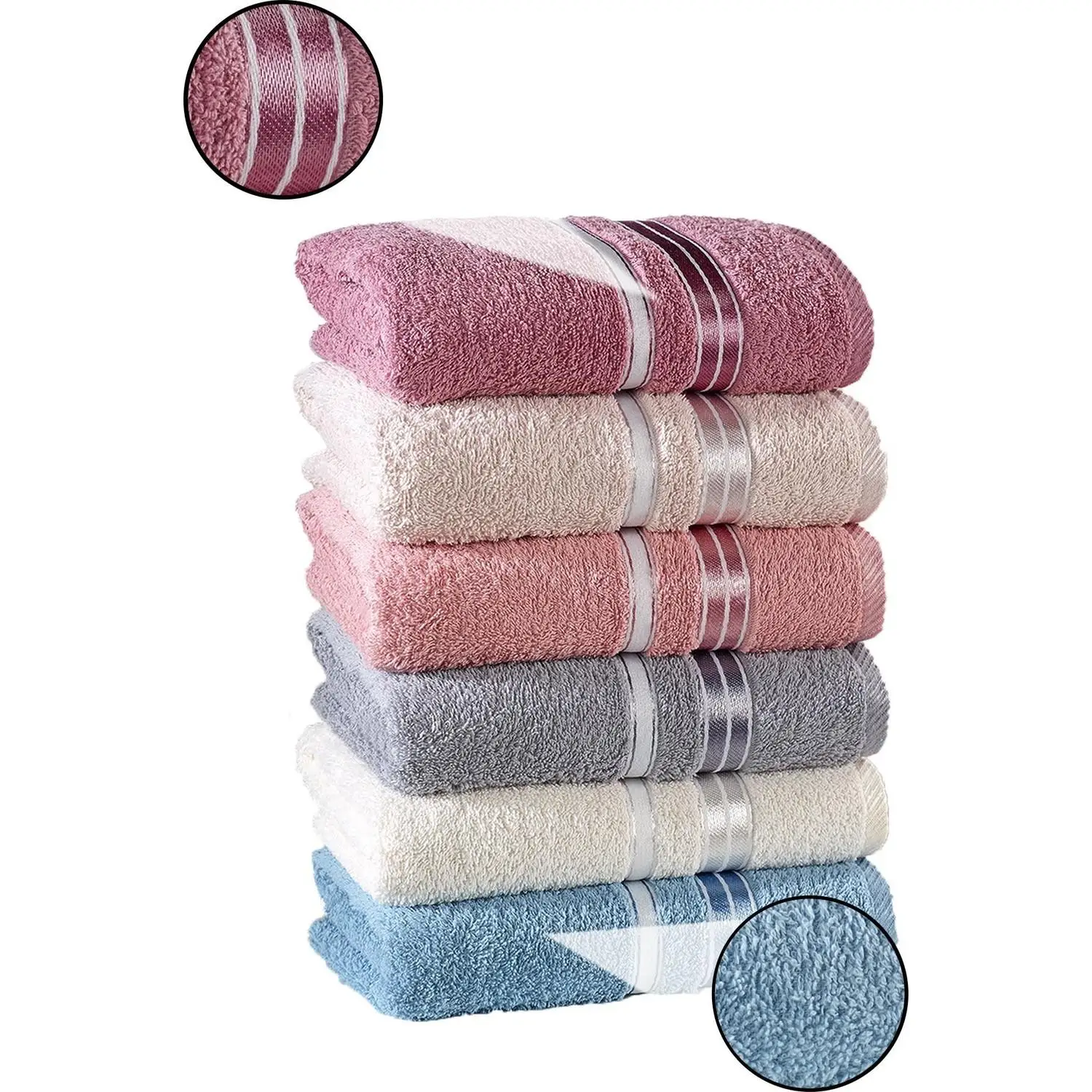 6 Pcs Head Hand Face Towel Set %100 Cotton 50x85 cm Turkish High Quality Quick Dry Super Soft Great Absorbent Colorful