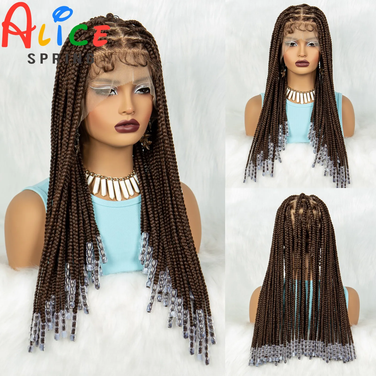 Full Lace Braided Wigs Synthetic Lace Front Braided Wigs with Beads Knotless Cornrow Twist Braids Wigs with Baby Hair for Women