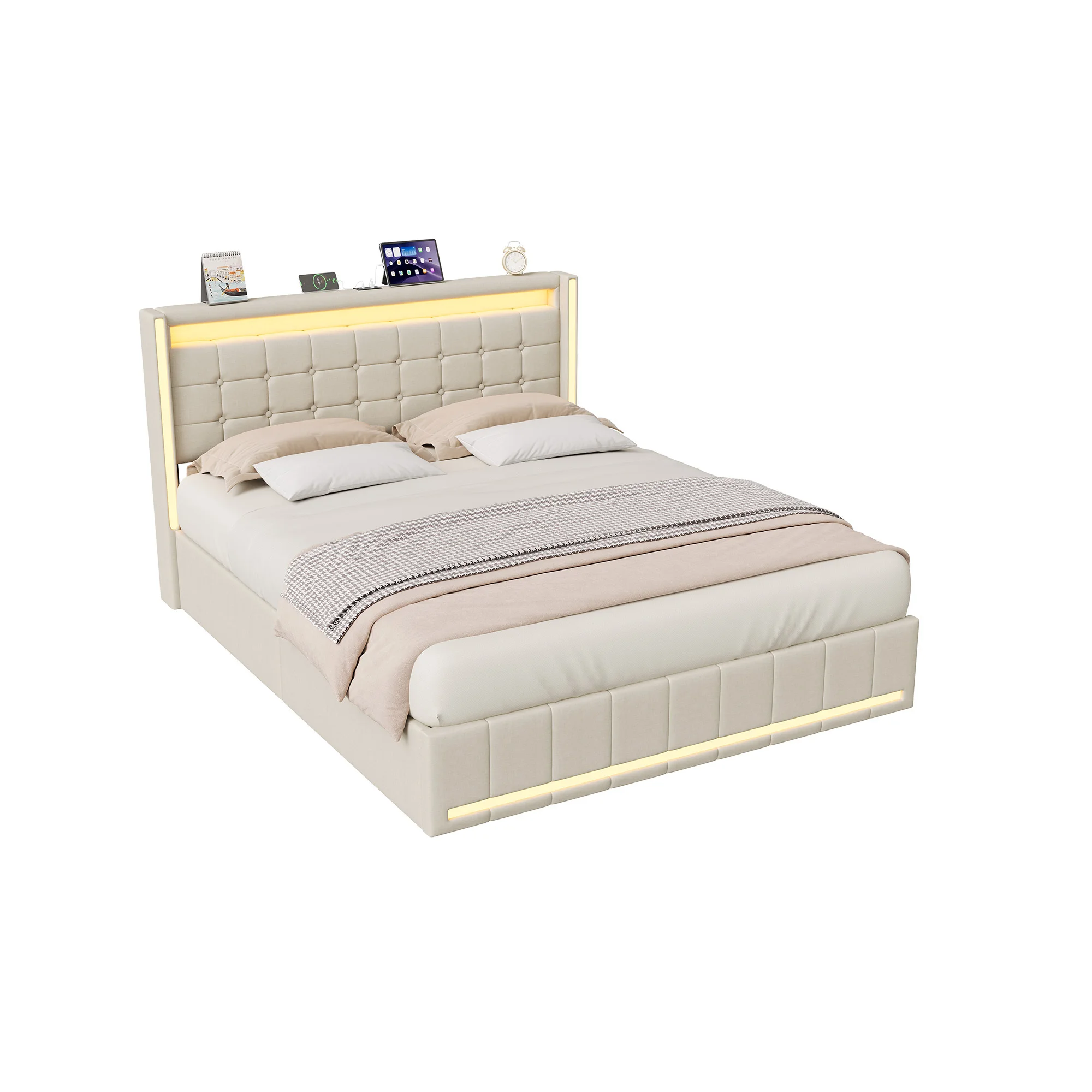 4ft6 Double Bed Frame Upholstered Platform Bed with 4 Storage Drawers & LED Storage Headboard, Linen Beige Functional Beds with LED Lighting & Charging Station,Metal-Wood Support, 3ft/4ft6/5ft bed image 3