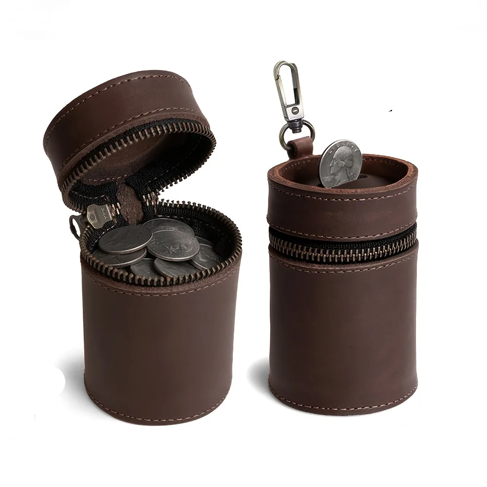 1pc Vintage Top Layer Cowhide Piggy Bank Portable Coin Storage Box Round Zipper Coin Crazy Horse Leather Change Purse