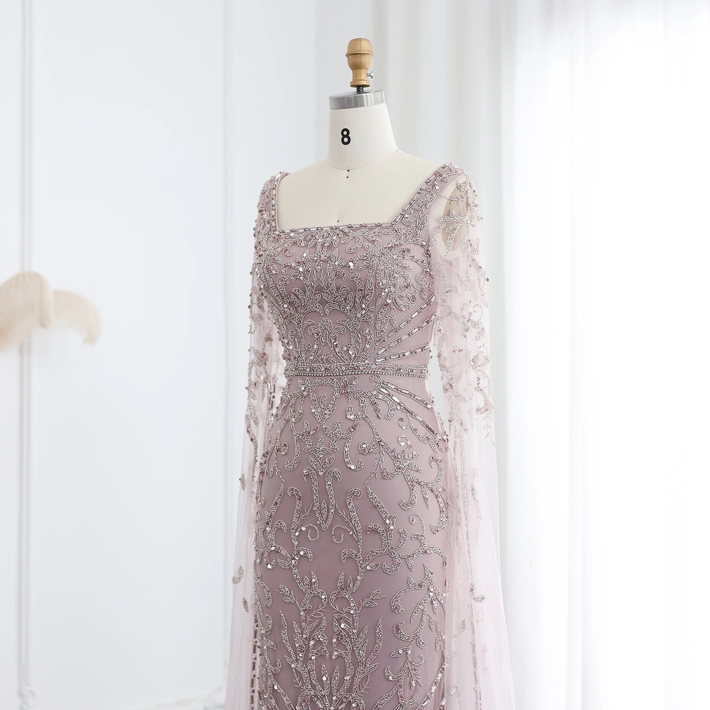 Sharon Said 2026 Luxuriöses Arabisches Türkisfarbenes Abendkleid mit Cape-Ärmeln, Quadratischem Ausschnitt, Arabian Nights Ballkleid SS469 Maßanfertigung – Detail 16