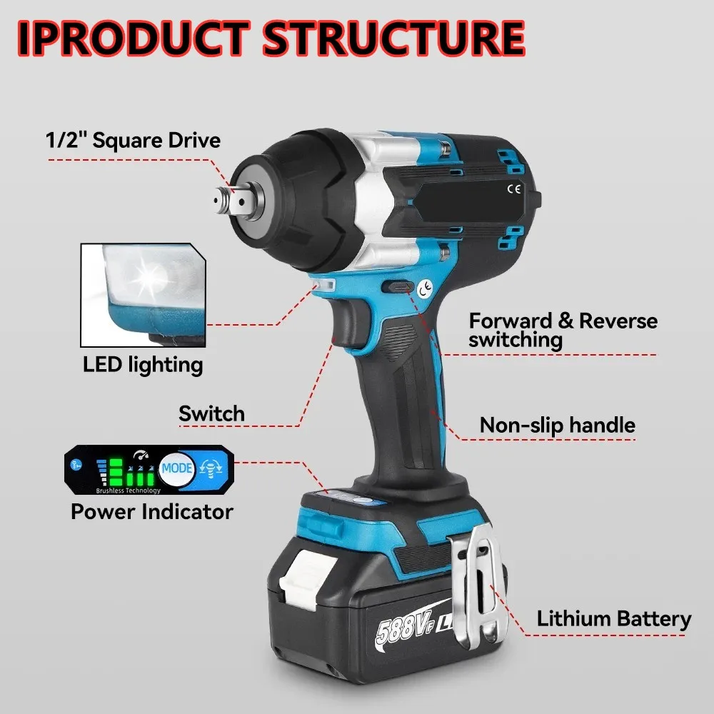 1800N.M Torque Brushless Electric Impact Wrench For Trucks 1/2 inch Cordless Wrench Driver Tool For Makita 18V Battery