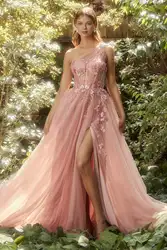 Tule A-Line Long Prom Dresses, Um Ombro, Floral 3D, Split Lace, Apliques, Sheer Corset, Vestidos de baile, Vestidos de noite sem mangas