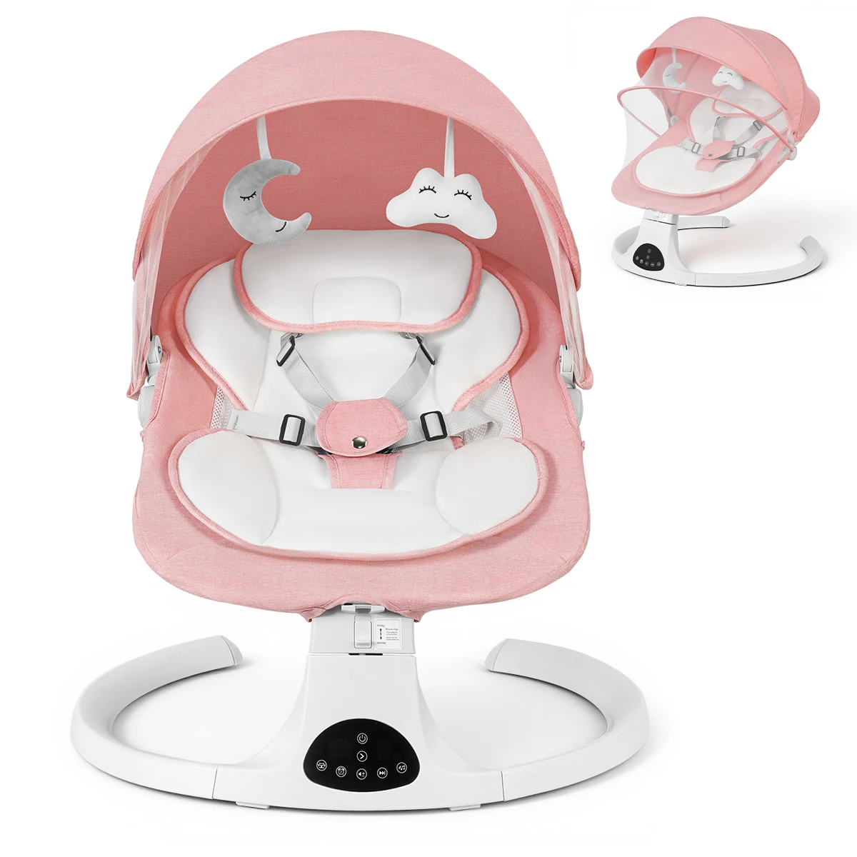 Kmaier Smart Infant Electric Swing Rocker, Bluetooth Baby Bouncer with 5‑Level Swing Speed, Built‑in Soothing Lullabies, Removable Canopy with Cloud‑Moon Hanging Toys, 5‑Point Safety Harness Soft Padded Seat for 0‑12 Months Baby