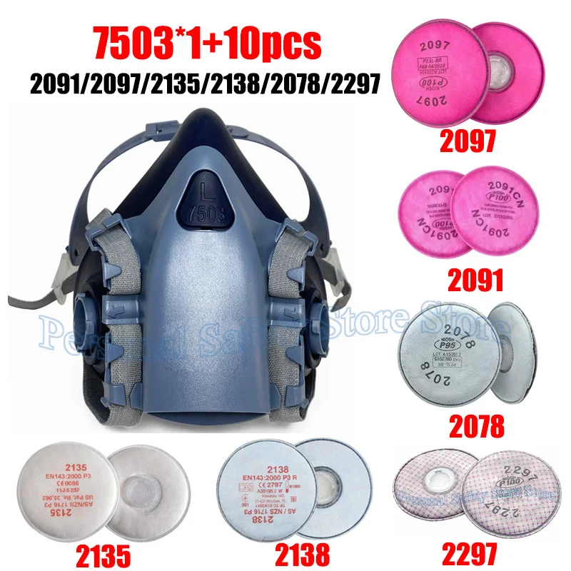 

7503 Large Silicone Respirator Gas Mask With 2091/2097/2135/2138/2071/2078/2297 Filter Set For Epoxy Dust Paint Organic Vapor
