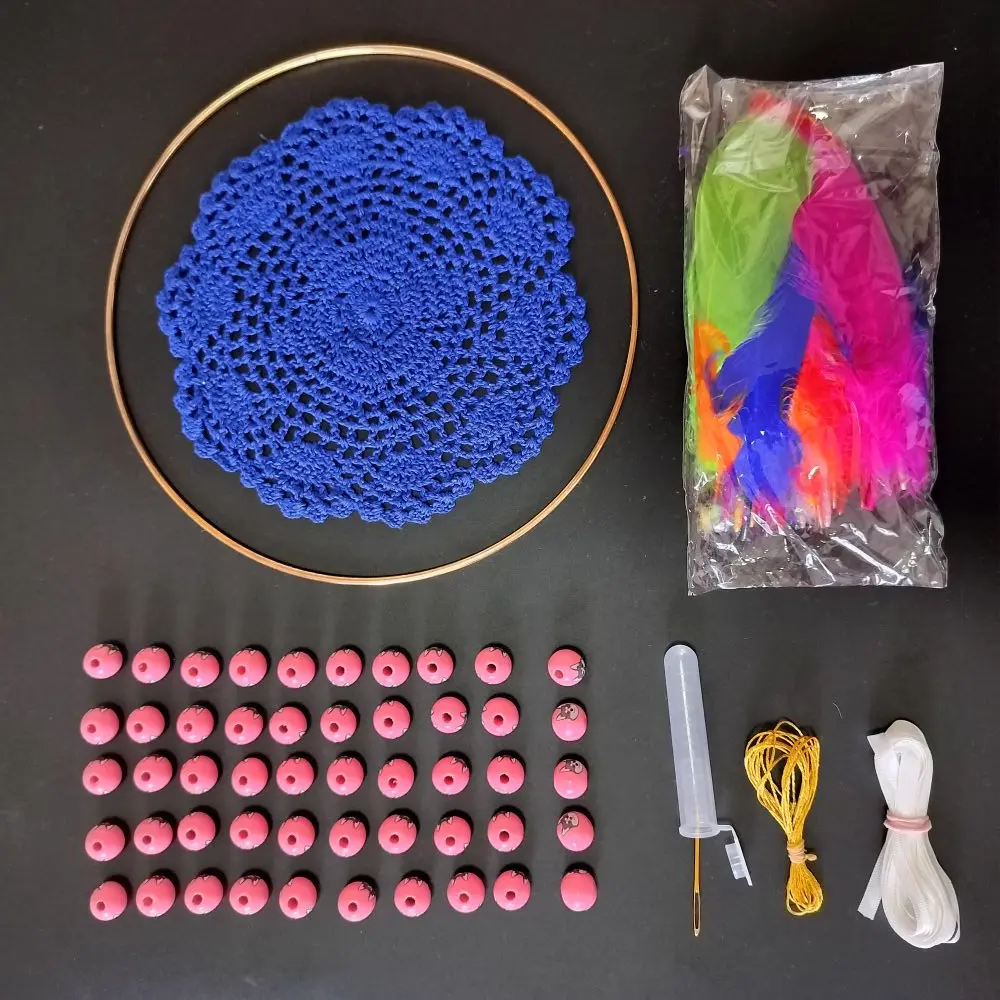 DIY Dream Catcher Craft Kit With Hand Crochet Deep Blue Doily Metal Ring Pet Dog Beads Colored Feathers Thread Needle Ribbons