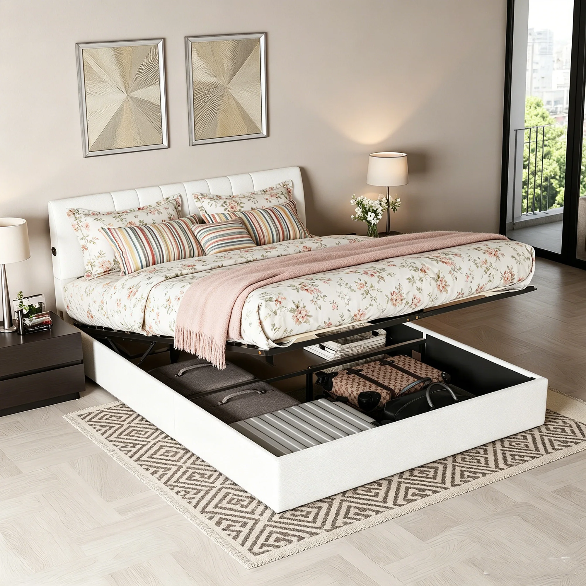 Lit rembourré Anajqaqia 140x190cm avec rangement, lit double, lit hydraulique, sommier à lattes, velours Teddy, blanc laiteux