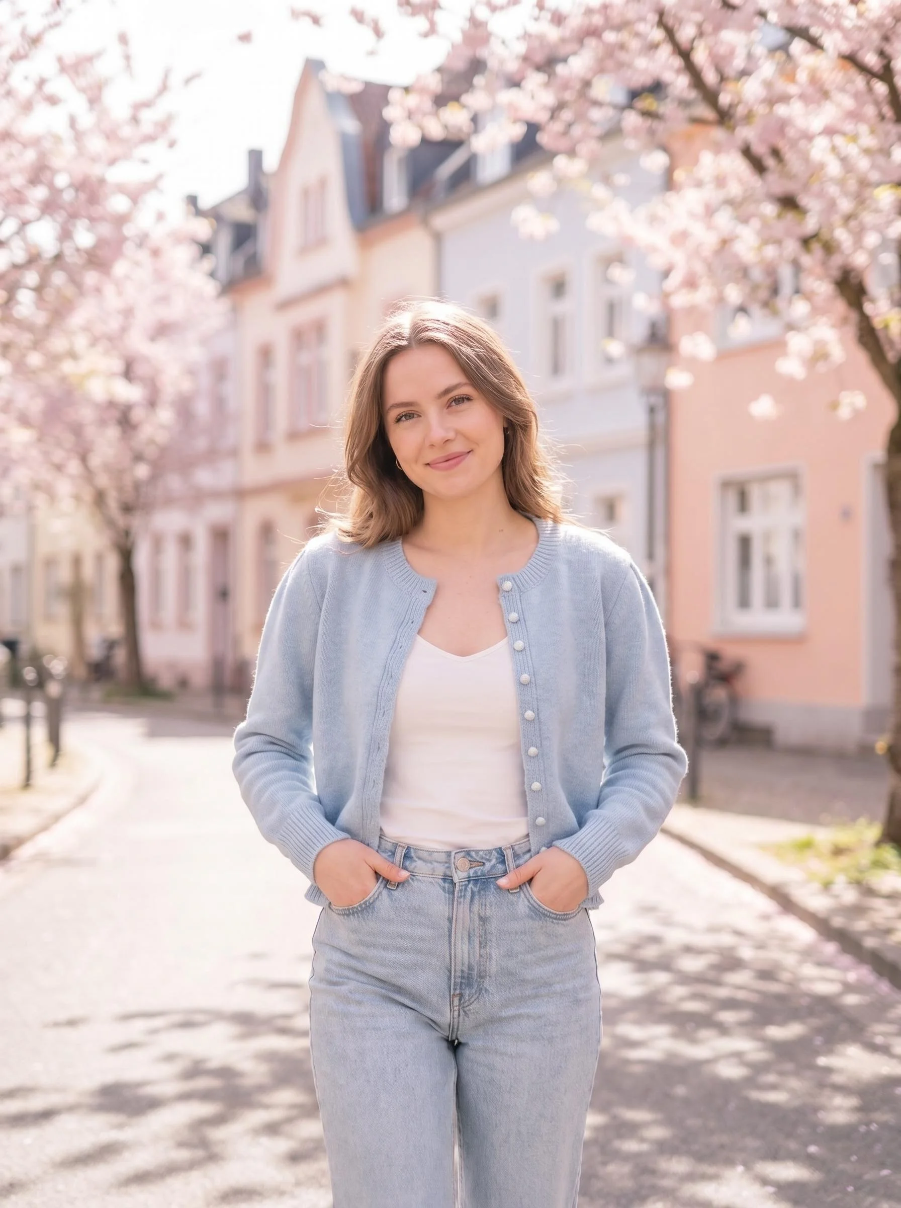Light Mist Blue Round-Neck Waist-Cinching Knit Cardigan, Women's Gentle Style Single-Breasted Puff Sleeve Slimming Knit Top, Versatile Outerwear for Petite Figures