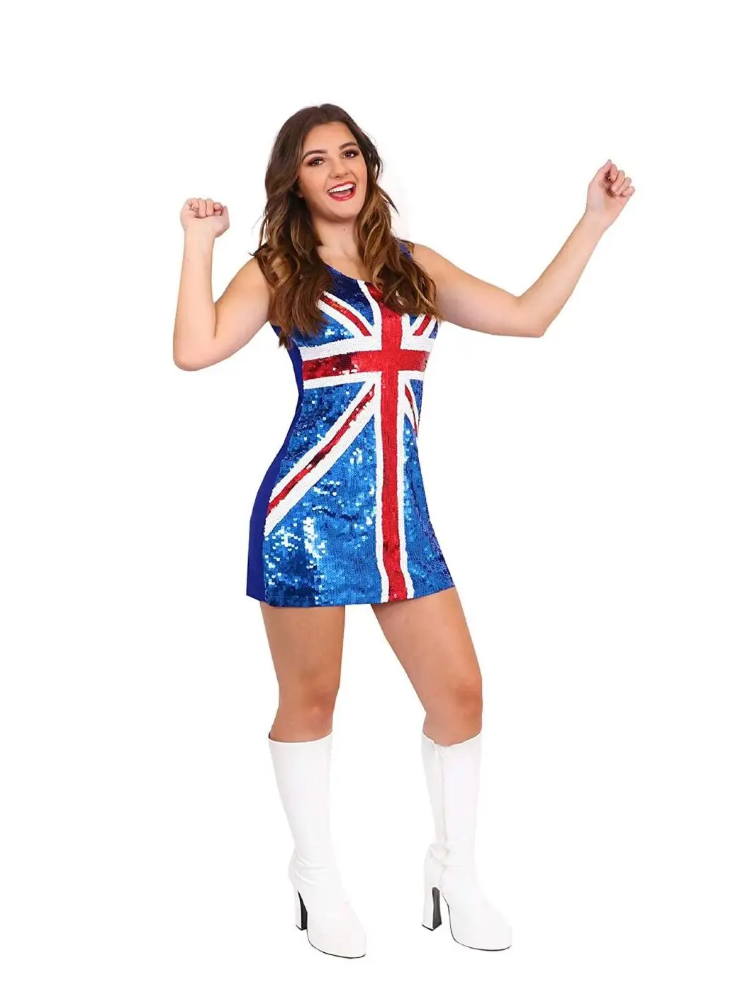 Ladies Sequin Union Jack Dress - Red, White and Blue Union Jack Flag Sequin Dress - King's Coronation, 90s Music Icons, Brit Pop