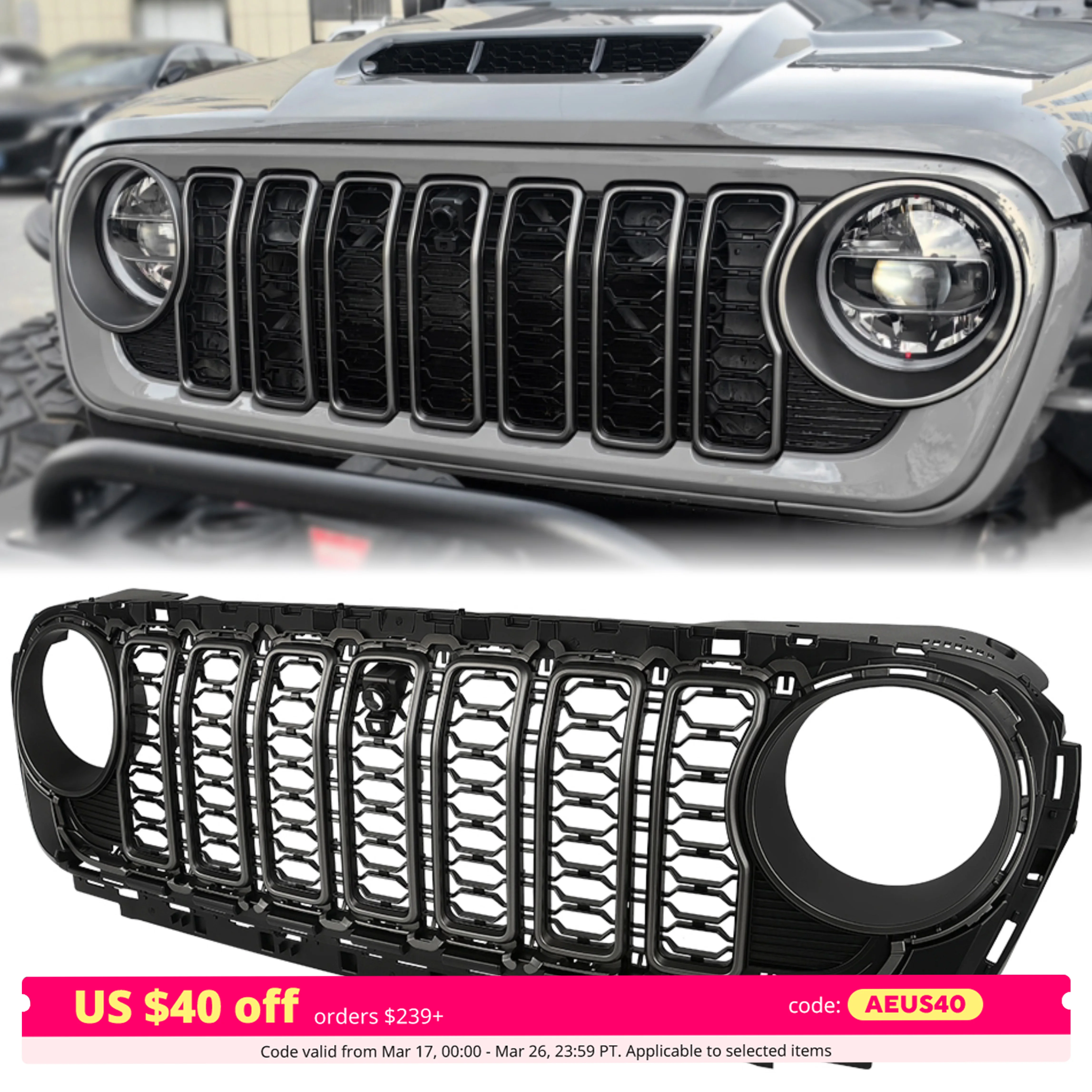 Front Mesh Grille Grid Grill for 2018-2024 Jeep Wrangler Rubicon Sahara Sport JL/JT Grill With Camera Hole Black Plastic