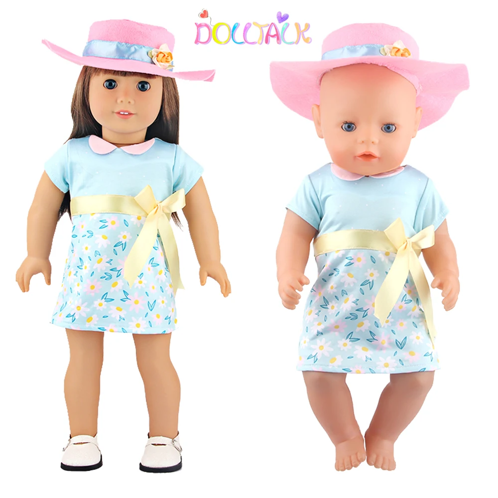 Dress+Hat Doll Clothes Set For 43 Cm Baby New Born Doll Daisy Flower Skirt Out Fit For 18 Inch Amerian And generation Girl Doll