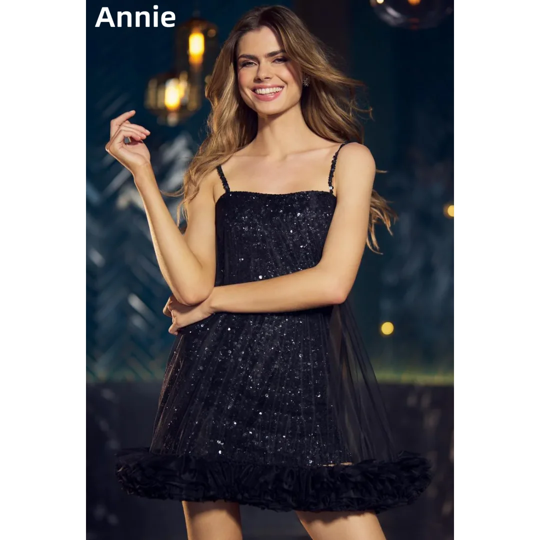 

Annie Black Spaghetti Straps Prom Dresses Glitter Sequins Evening Dresses Women's Short Tulle Wedding Party Dress Customized