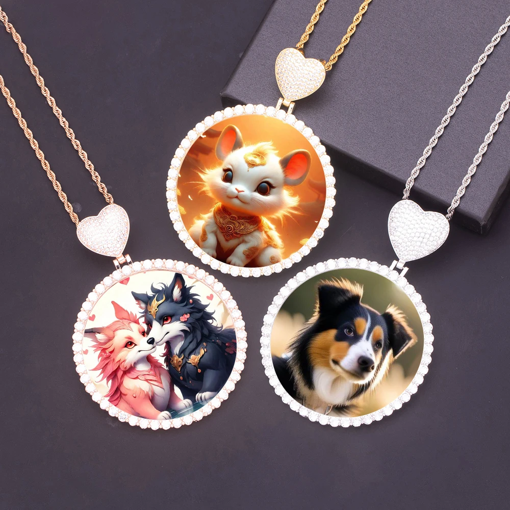 

68MM HipHop Heart Large Round Sublimation Photo Frame Pendant Iced Out Cubic Zircon Picture Memory Circle Charm Necklace Jewelry