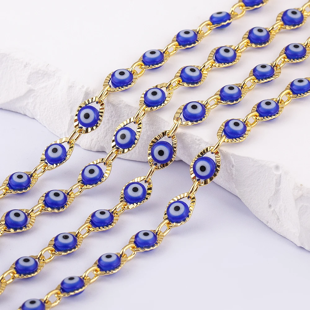 Fashion Blue Evil Eye Beaded Chains Copper Metal Round Beads for DIY Necklace Bracelets Anklet Making Findings Handmade Jewelry