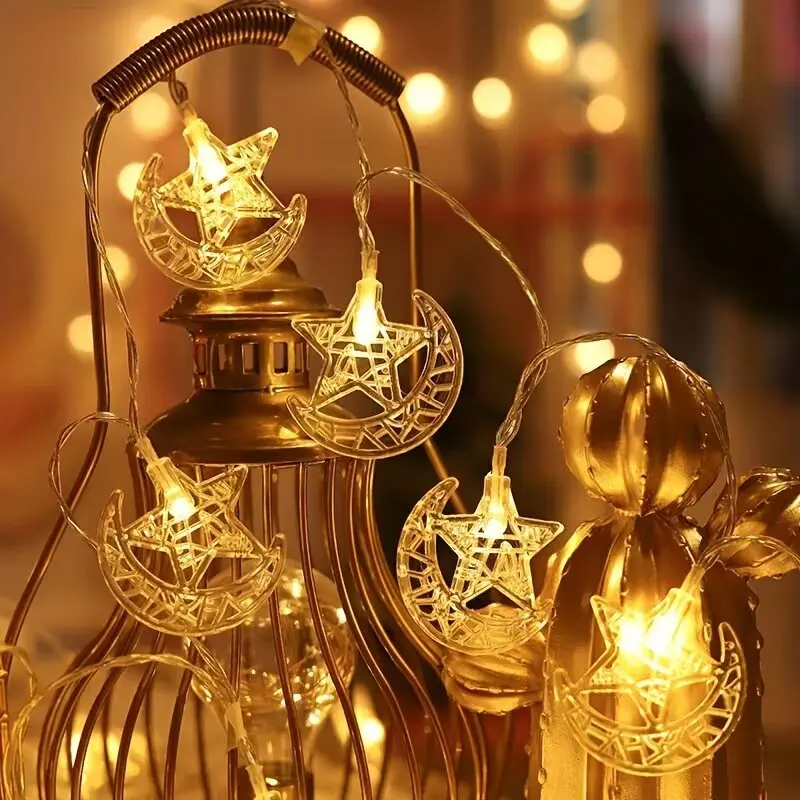 1pc 10/20LEDs Moon Star Eid Mubarak String Lights,Ramadan Decorations for Home，Battery Powered (No Plug)
