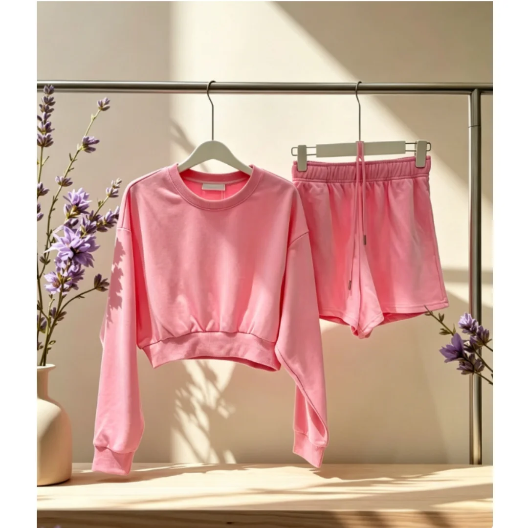 

Summer New Women's Round-neck Short Hoodie Elastic Shorts Casual Sportswear Set