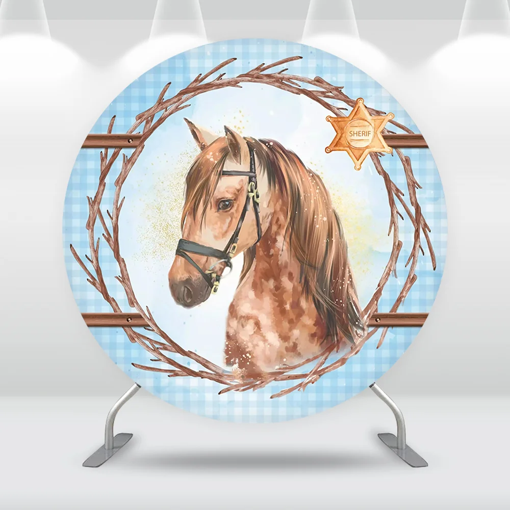 خلفية دائرية للحفلات ذات طابع غربي أزرق مع غطاء خلفية دائري لعيد الميلاد على شكل حصان وأحذية رعاة البقر