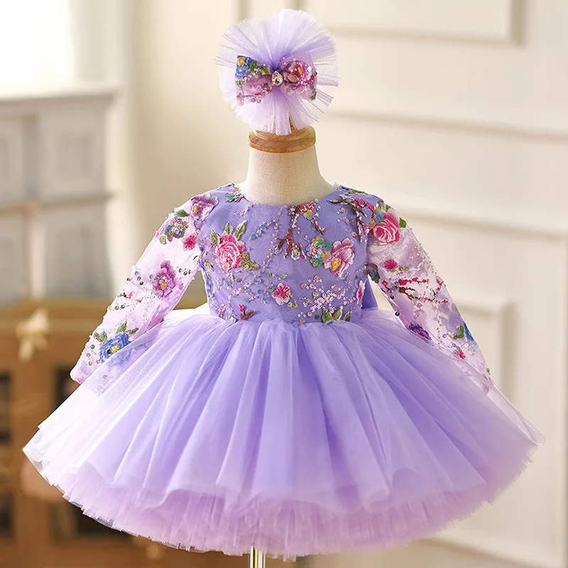 Girls sequined long-sleeved princess dress 1-12 years old baby embroidered mesh dress carnival birthday party evening dress