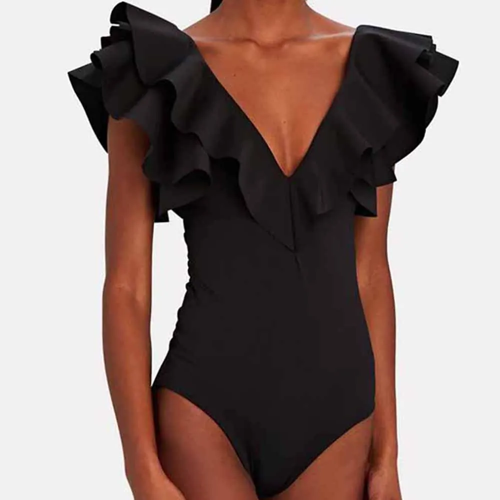 V-Neck Ruffled Solid Color One-Piece Swimsuit White Solid Push Up Micro Single Piece Micro Monokini Sexy Swimsuit Black 2024