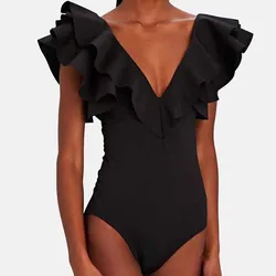 Bañador de una pieza con volantes y cuello en V, Micro Monokini Sexy de Color blanco y sólido con realce, Color negro, 2024